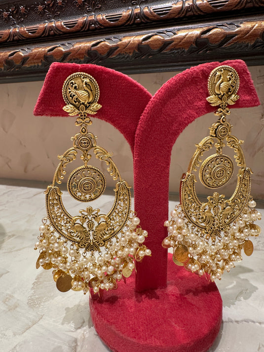 Feather coin pearl earrings