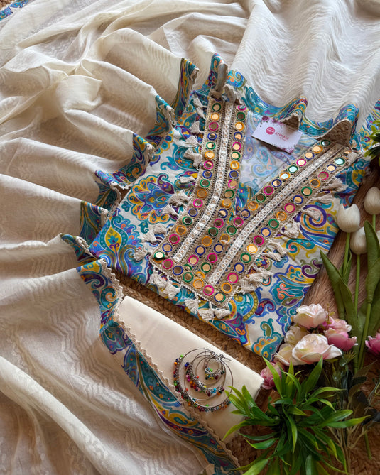 Arabic print mirror neck cotton suit set with cotton dupatta