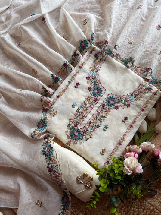 Tiny stitch machine work Mul Chanderi suit set