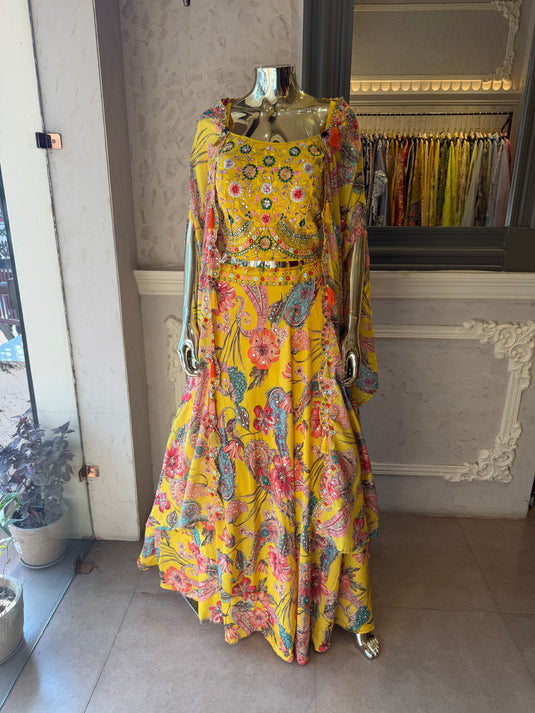 Yellow 3 pcs Haldi dress with embroidered choli, skirt and drape