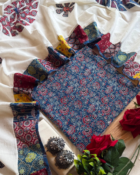 Patched cotton dupatta with ajrakh cotton suit set