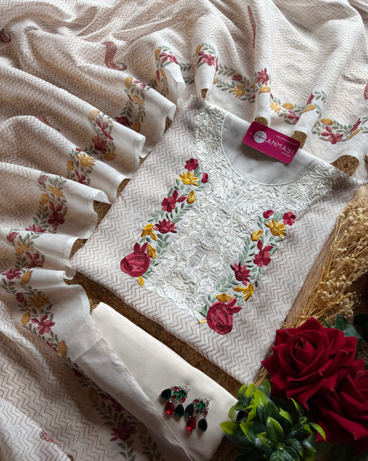 Mul Chanderi garden lotus neck printed suit set