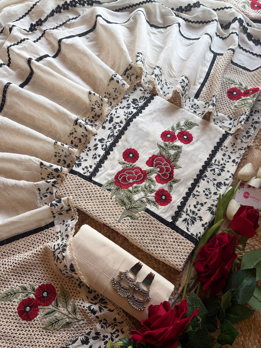 Black and white Pakistani crochet suit set with patches
