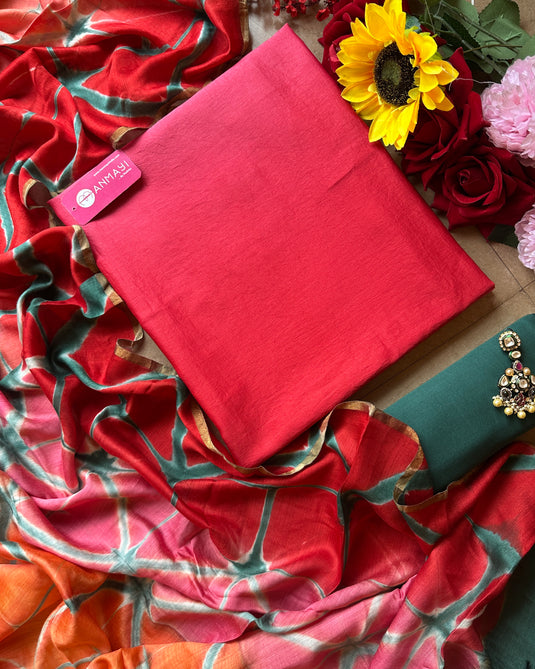 Ombré shaded pure maheshwari suit set with contrast bottom and Shibori dyed dupatta