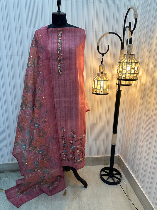 Soft chanderi French knot work suit sets with digital highlights dupatta
