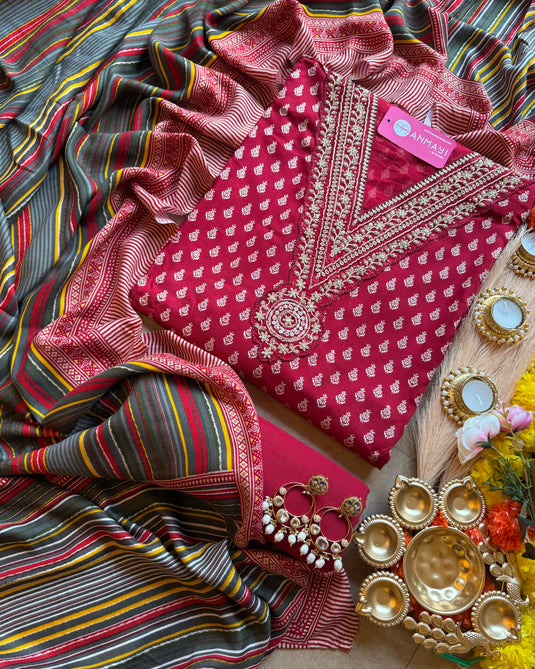 Soft Pashmina brocade print suit set