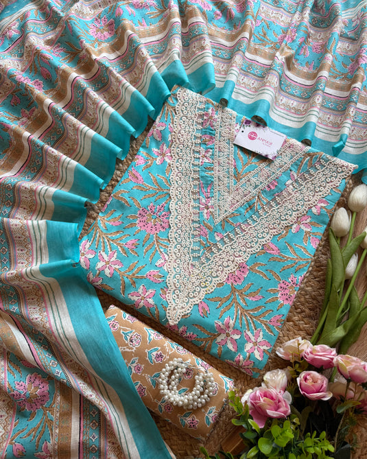 Cambric cotton V neck crochet Jaipuri pastel suit set