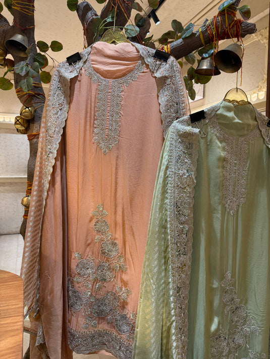 Highlighted Dori work on soft organza fabric with shimmer lines dupatta