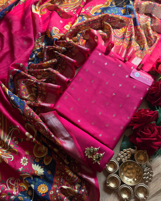 Hot Pink Banarasi pure silk suit with print dupatta