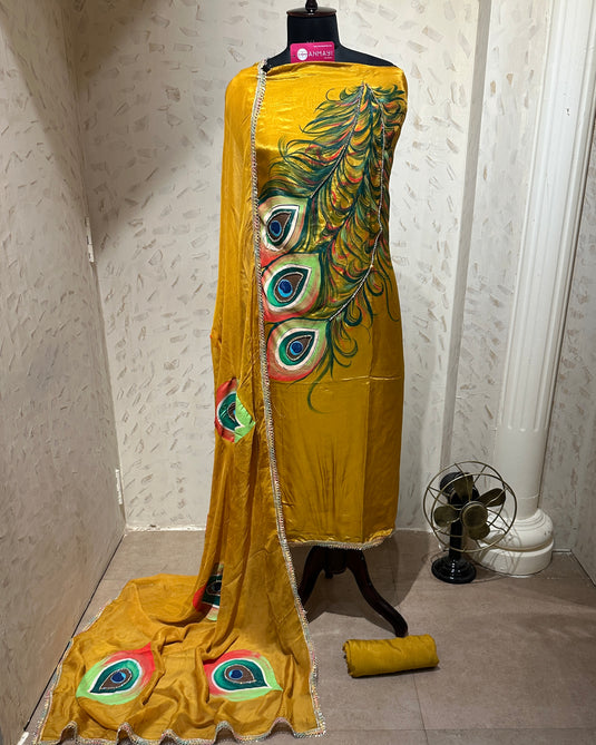 Handpaint Morpankh Upada silk suit set with organza dupatta and highlights