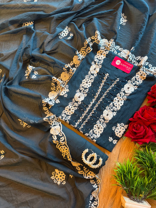 Mul Chanderi white thread work suit set