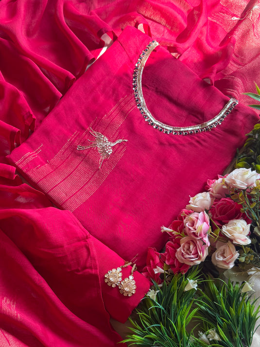 Embroidered flamingo cotton silk suit set with step Banarasi weave