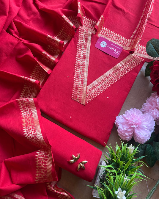 Soft Handloom Cotton v neck border suit set