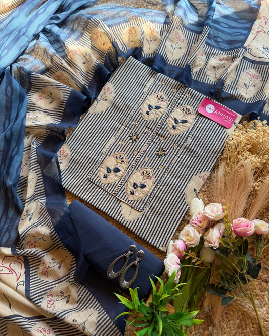 Cambric cotton stripes digital flower suit set