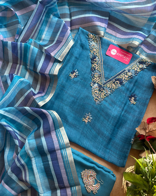 Tussar silk French knot work v neck suit set