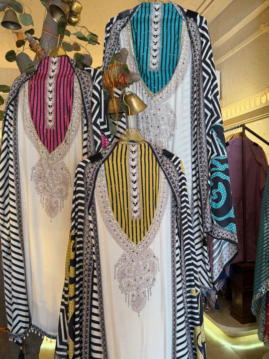 Pakistani round V neck muslin suit set with mirror work