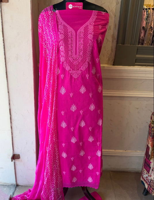 Lucknawi Chikankari fuchsia pink suit set with chiffon dupatta