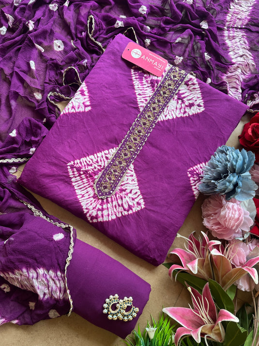 Shibori needle stitch tie and dye cotton suit set with pure chiffon Bandhani dupatta