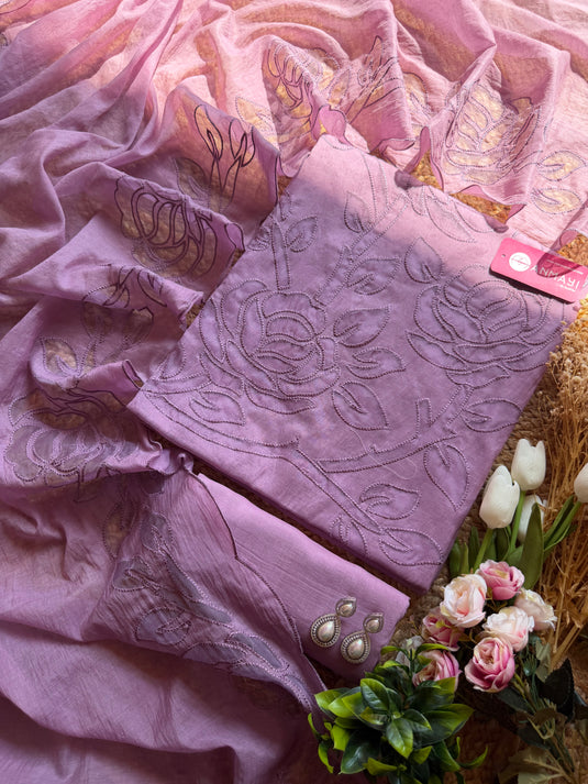 Applique work english shades mul chanderi suit set
