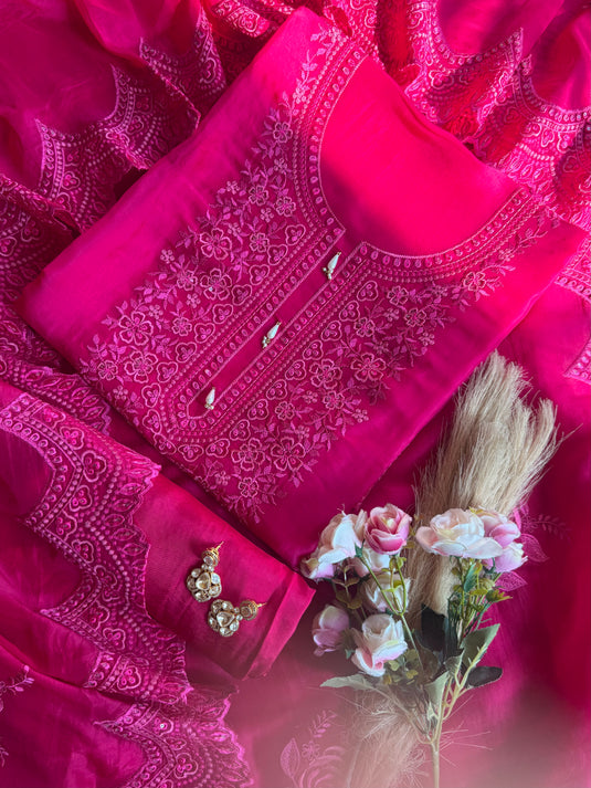 Cut aari work pure organza fuchsia pink suit set