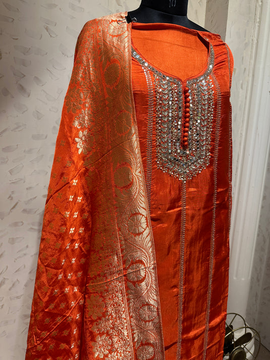 Upada silk gotta mirror work suit set with banarasi silk dupatta