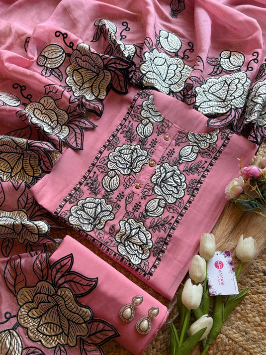Patched gold rose Mul Chanderi suit set