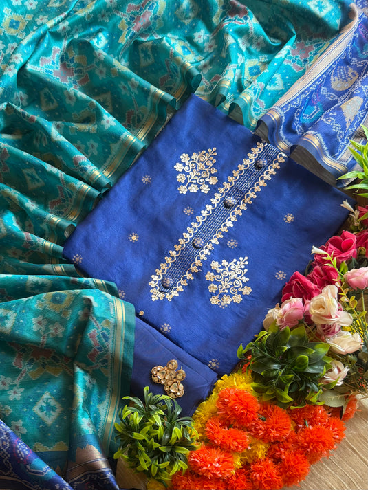 Tussar silk buttoned pita work suit set