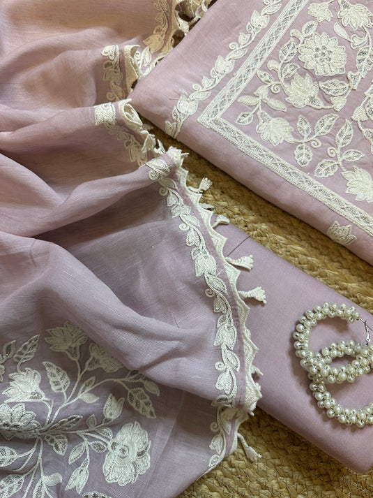 Pure linen Dori parsi work pastel pink suit with crochet hangings