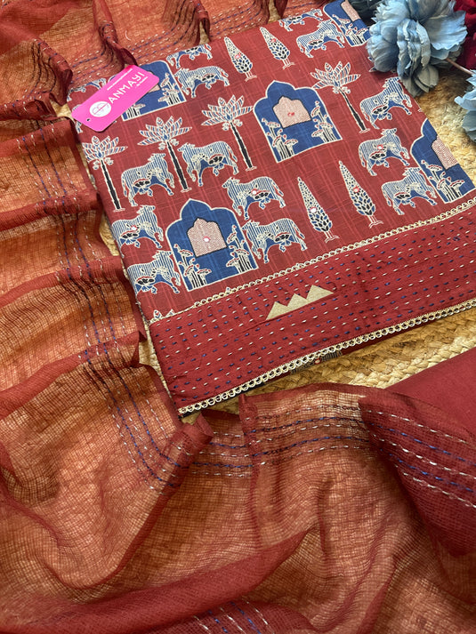 Pichwai print cambric cotton suit with weaved border