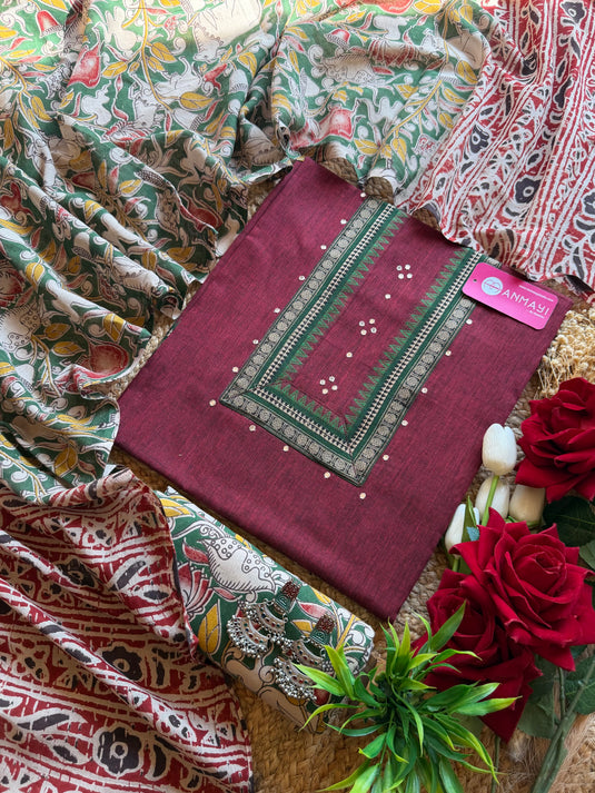 Handloom South cotton shirt with Kalamkari cotton bottom dupatta