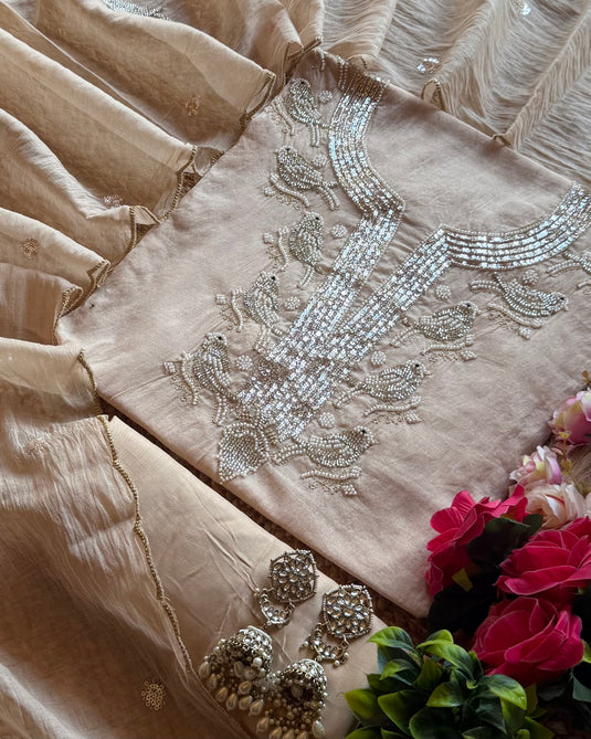 Embroidered chiraiya Mul Chanderi suit set