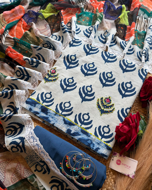 Indigo batik print pure cotton suit set with