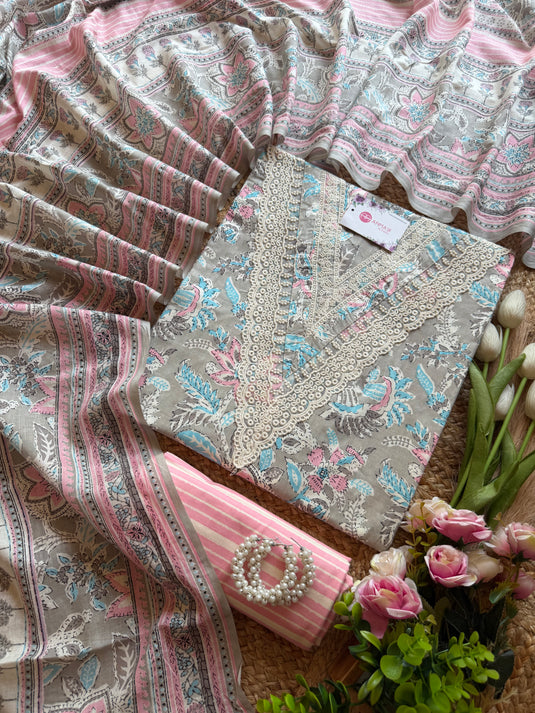Cambric cotton V neck crochet Jaipuri pastel suit set