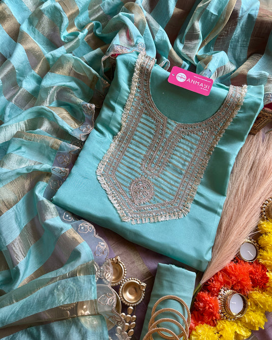Shimmer Chanderi pastel kurta neck suit set