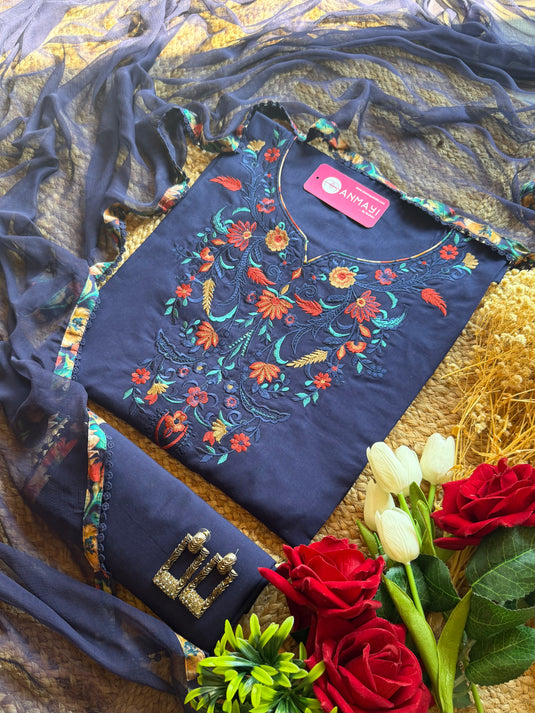 Machine embroidered pure cotton suit set with chiffon dupatta