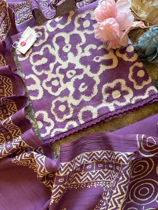 Batik abstract print cotton suit with Kantha work