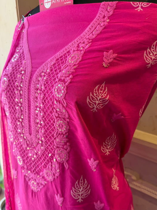 Lucknawi Chikankari fuchsia pink suit set with chiffon dupatta