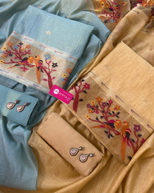 Gold weave parrot print Jamdani Suit set