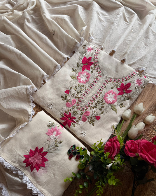 Mul cotton thread mirror work cream suit