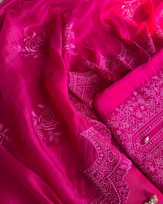 Cut aari work pure organza fuchsia pink suit set