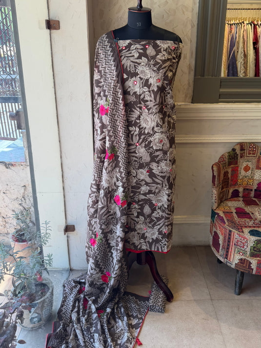 Embroidered red flowers cocoa brown cotton suit set