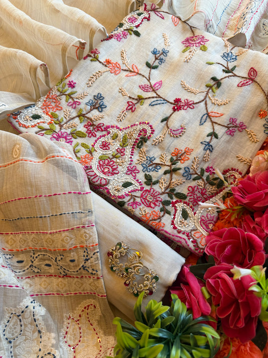 Festive Ivory coloured Kantha weave Jamdani suit set