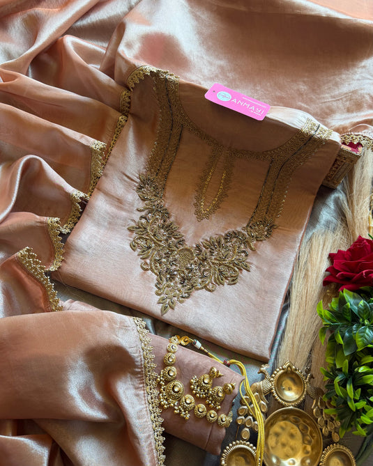 Kanjivaram copper hand embroidered neck suit set