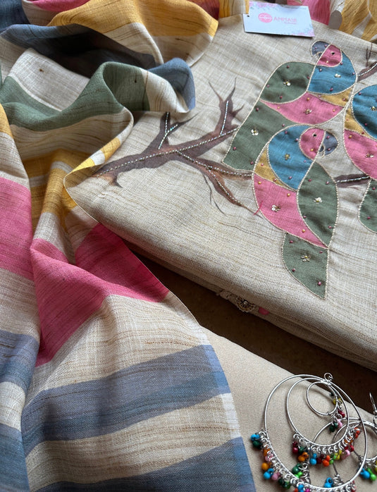 Parrot Khadi look linen suit set with rainbow dupatta