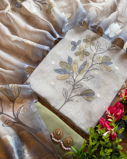 Silver grey Chanderi Jamdani work combination suit set