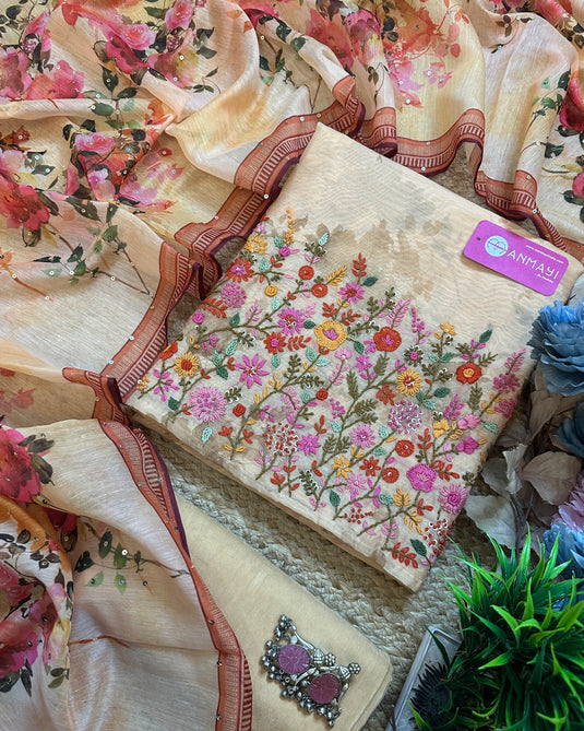 Soft Chanderi French knot work suit sets with highlights print dupatta