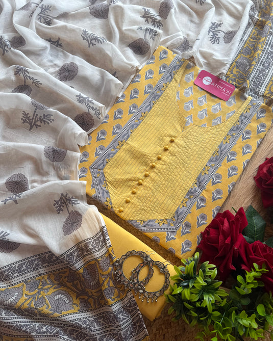 Pintex boondi button neck block print cotton suit