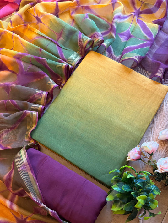 Ombré shaded pure mul chanderi suit with contrast bottom and Shibori dyed dupatta