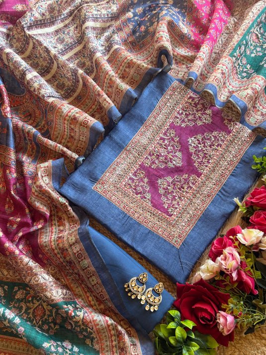 Tussar silk suits paired with printed Persian dupatta