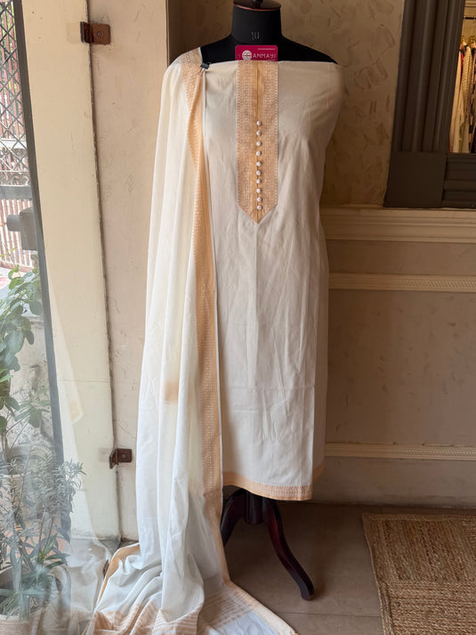 Pure White gold weave soft handloom cotton suit set